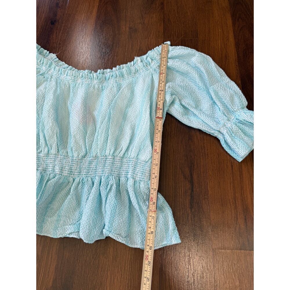Intermix Off-Shoulder Smocked Peplum Blouse Blue Stripe Sz S Cotton Coastal Boho - Picture 4 of 7
